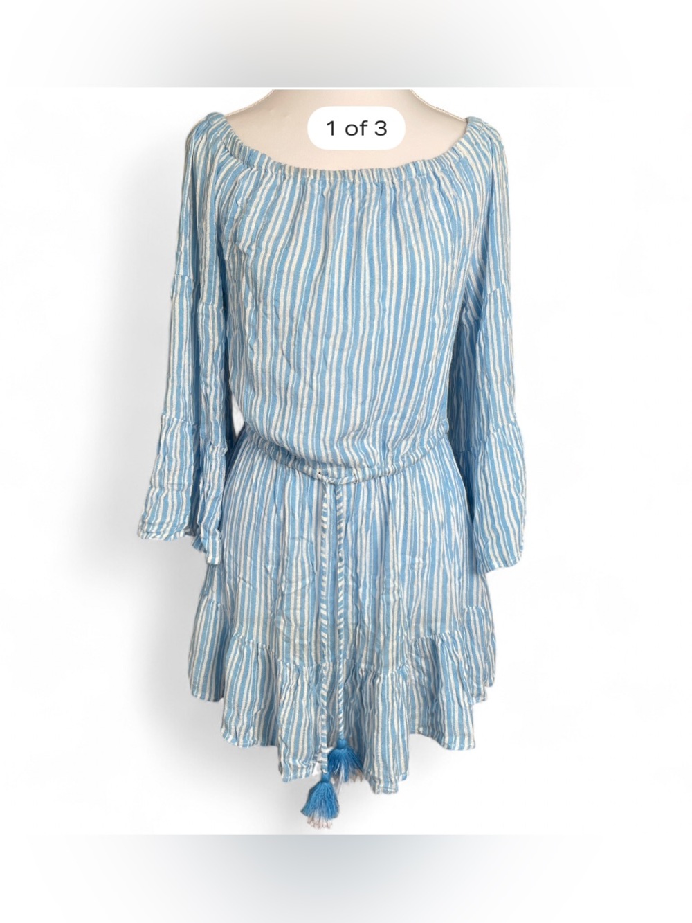 blue island Sky-Striped Off-Shoulder Mini Dress